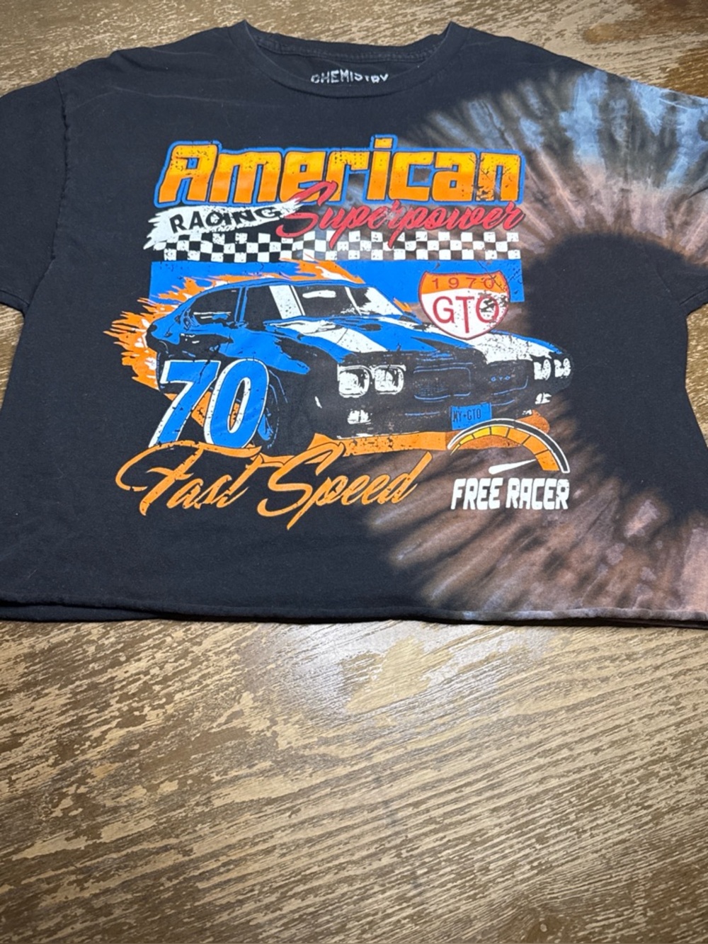 Chemistry  Black Tie-Dye Racing Car Graphic Tee with Blue and Orange Accents